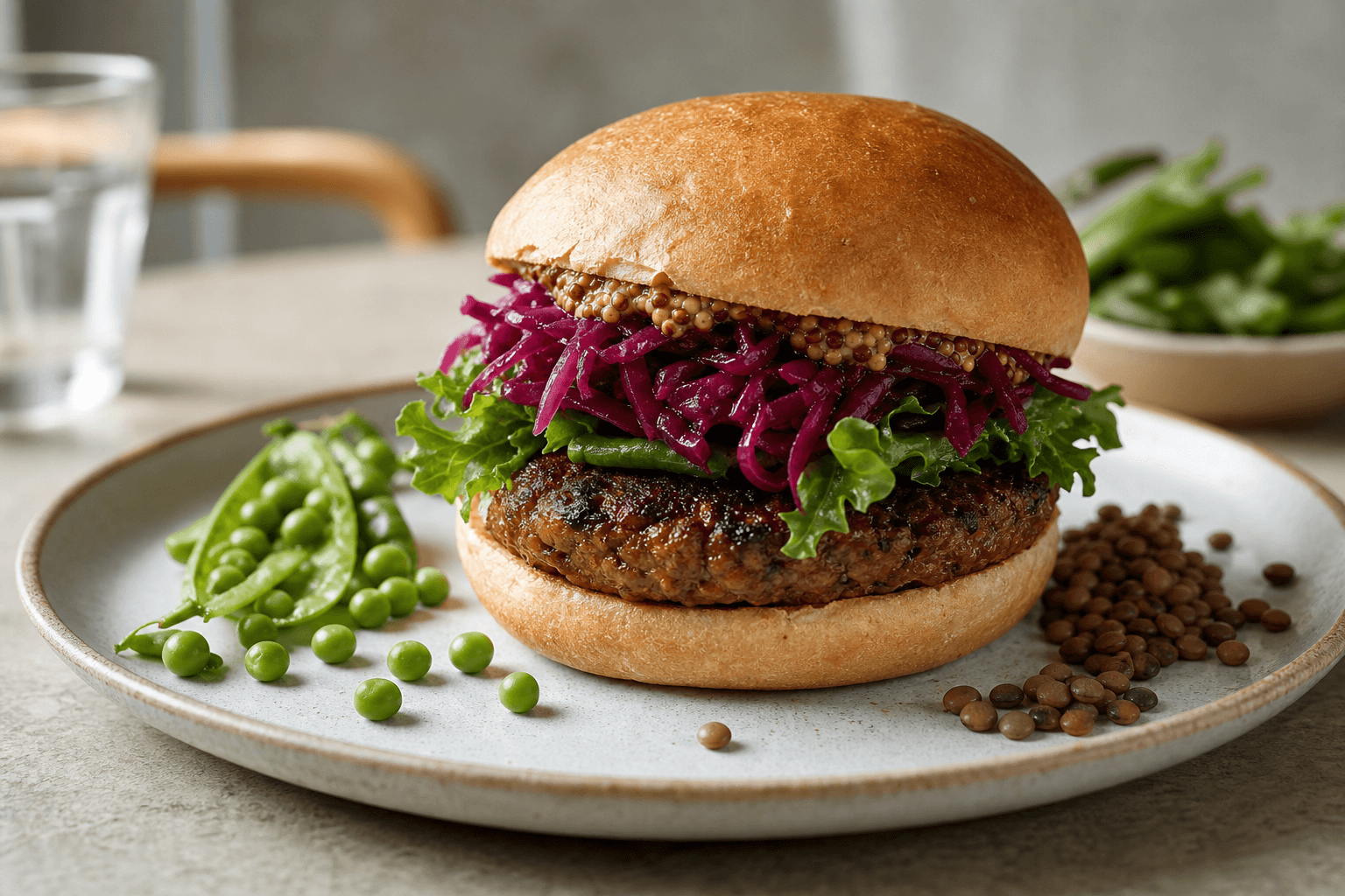 Plantebaseret burger med rødkål, salat og bælgfrugter